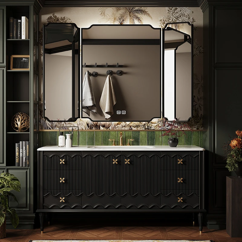 福艺斯法式轻奢线条感烤漆实木浴室柜组合奢石洗脸盆洗手台FG015