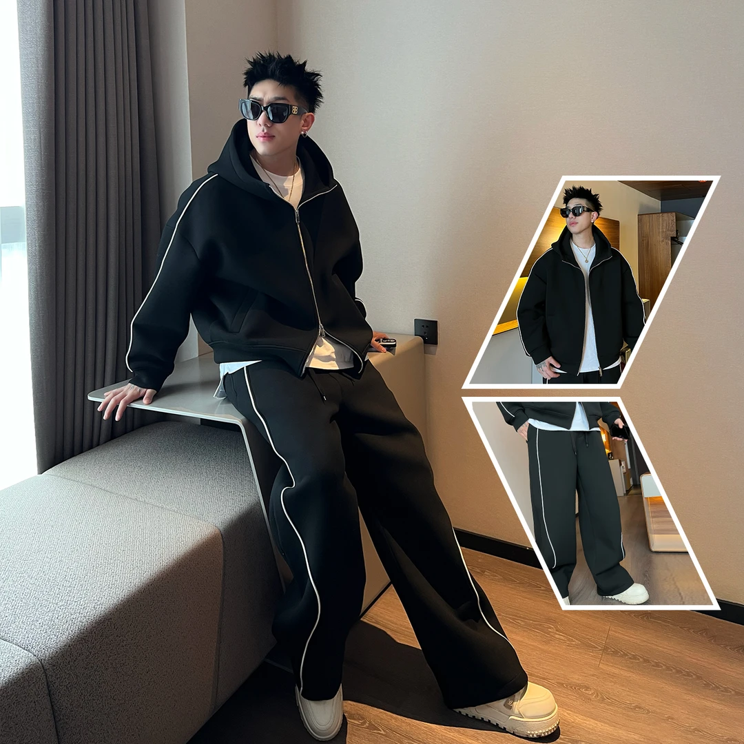 【一套】春夏新款连帽卫衣休闲运动套装时尚百搭男女裤子拼色外套