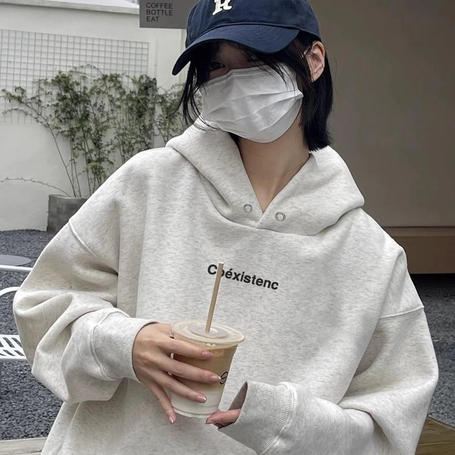 美式复古bf慵懒风宽松奶乖白灰色秋冬加绒加厚百搭连帽卫衣女外套