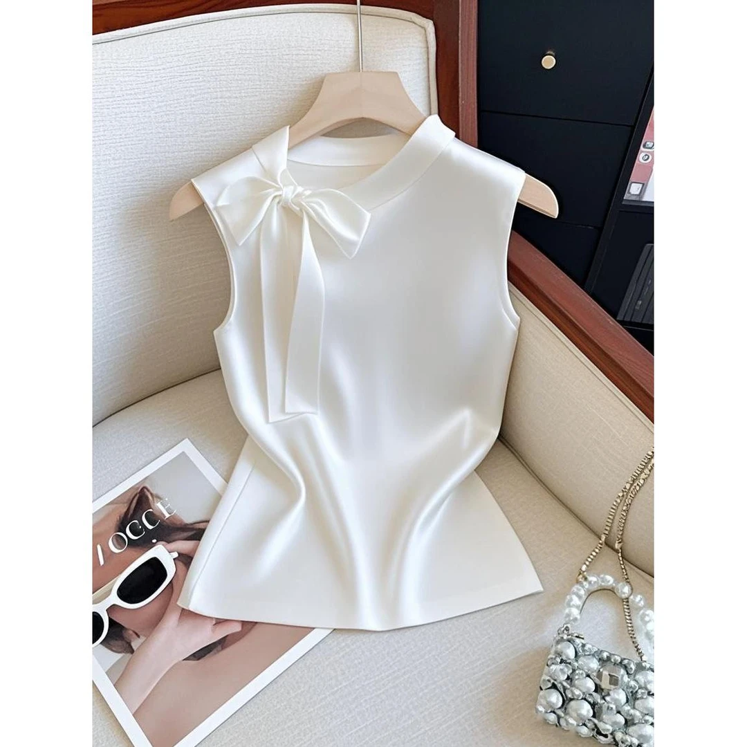 2025夏季新款法式chic精致时尚气质上衣设计感蝴蝶结无袖T恤女装