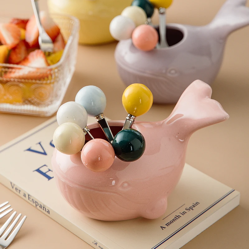 陶瓷高温烤制家用餐具套装鲸鱼水果叉创意手工少女心甜品叉