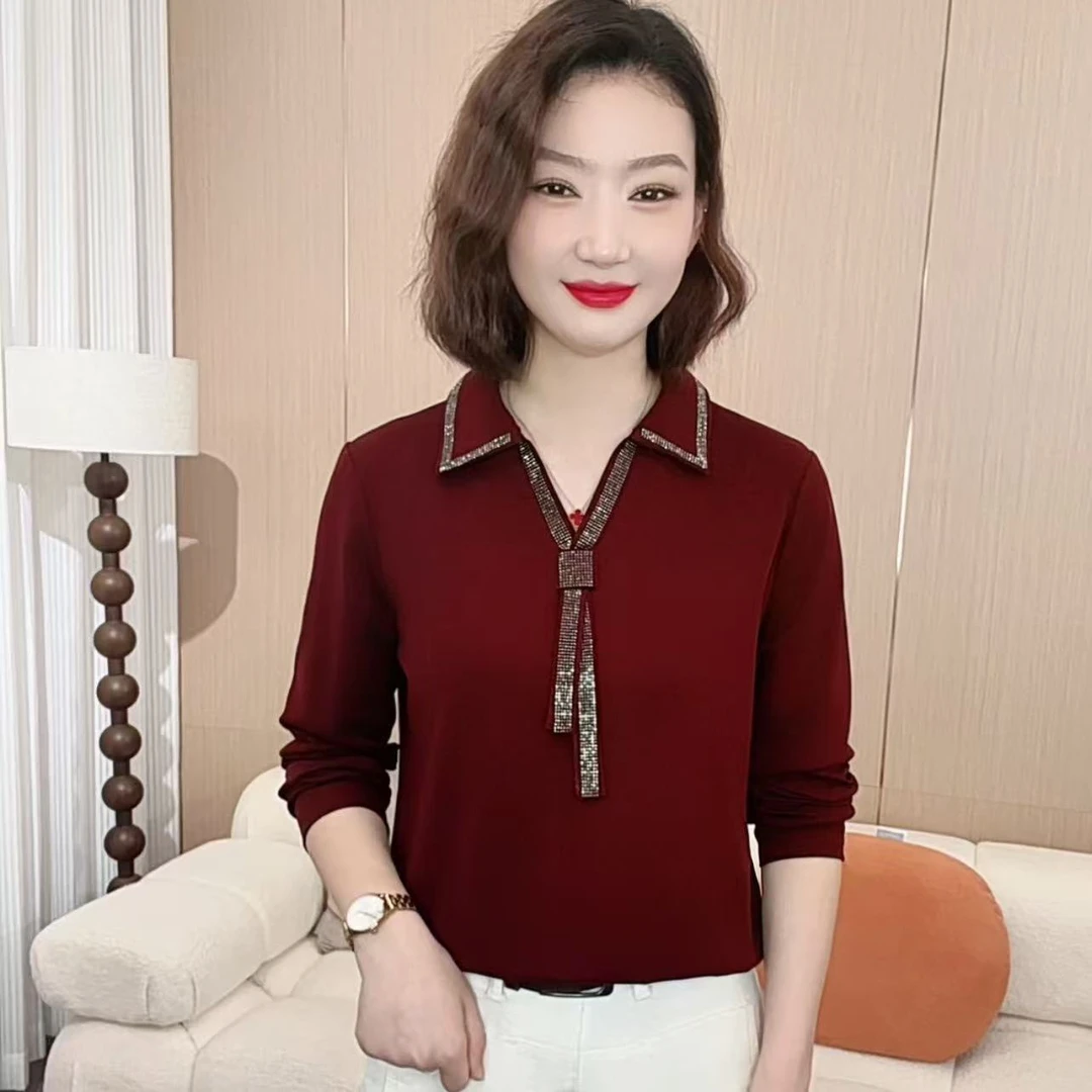 2025秋季时尚洋气新款简约翻领纯色烫钻百搭显瘦长袖上衣P8991