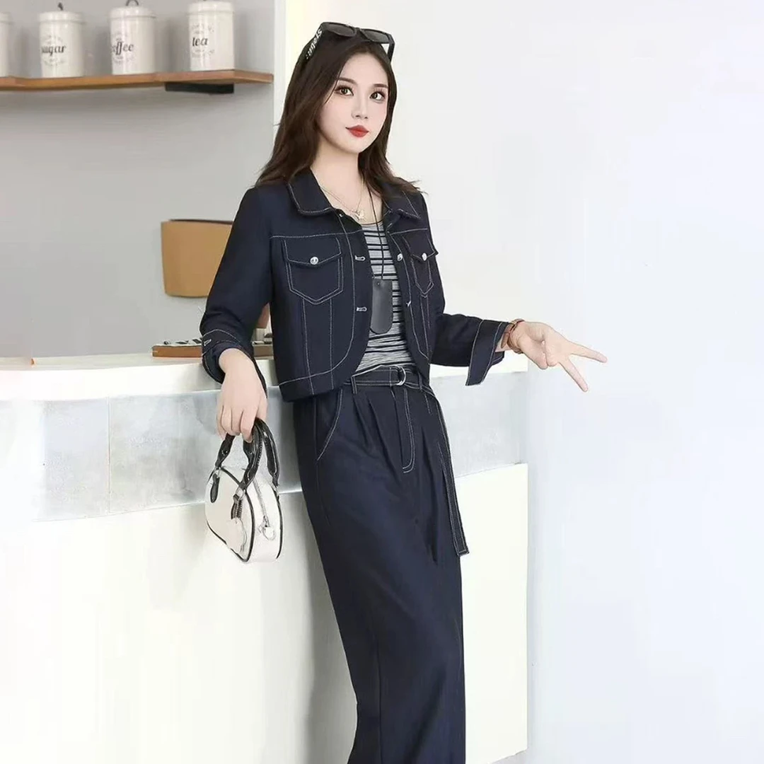 秋季新款休闲女装牛仔外套阔腿裤套装时尚通勤减龄穿搭网红长袖