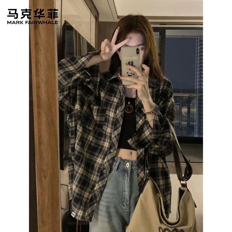 马克华菲休闲风单排多扣格纹秋季长袖衬衫设计感复古港味上衣百搭