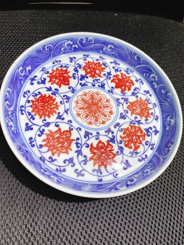 景德镇纯手工手绘青花釉里红缠枝莲直径17.5茶盘壶承