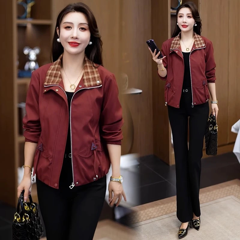 时尚短外套女2025秋季新款洋气宽松显瘦格子拼接小个子夹克上衣潮