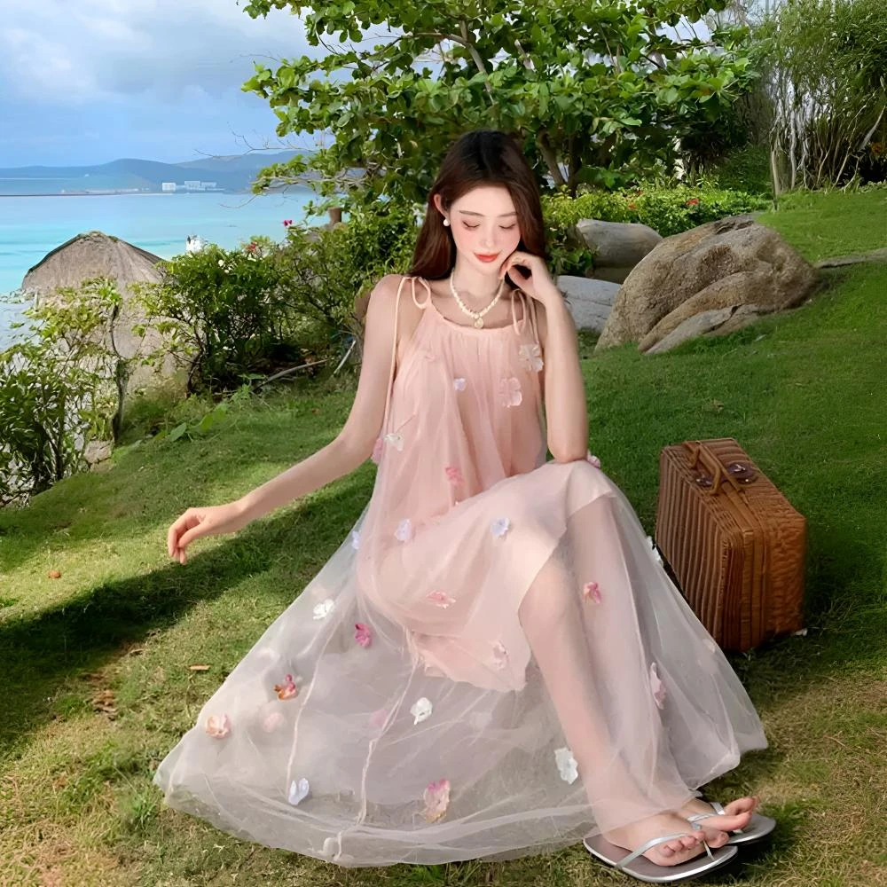 （梦含）夏季甜美小个子富家千金绝美挂脖连衣裙加头巾设计公主法式