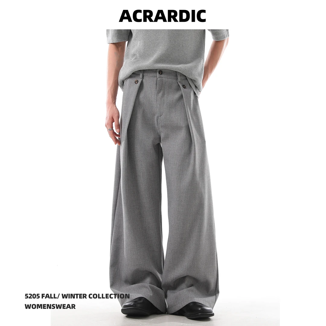 ACRARDIC美式通勤灰色褶皱西裤男潮牌高级感宽松直筒垂感休闲长裤