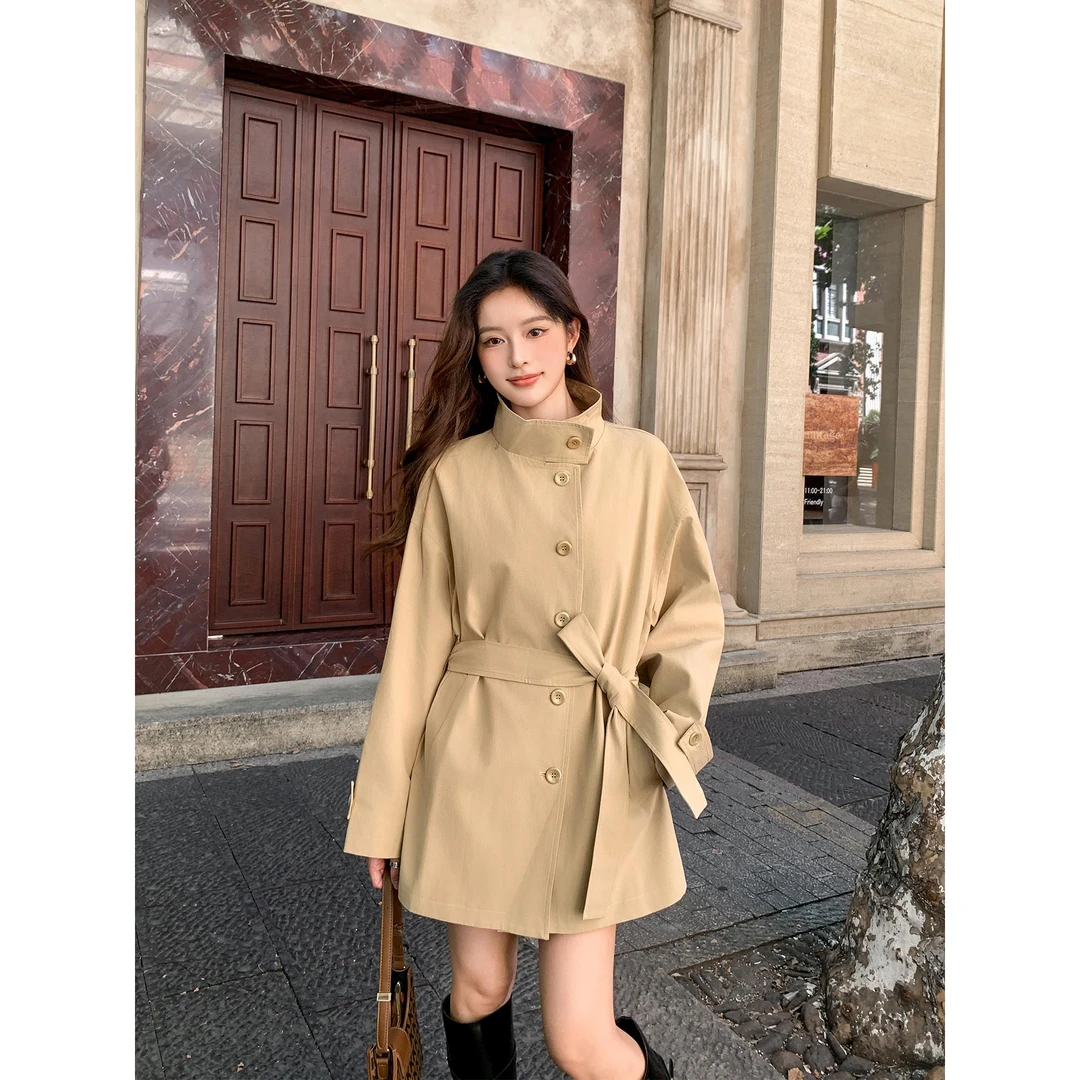 卡姿希气质显瘦休闲立领风衣女秋季2025新款英伦高级感系带中长款