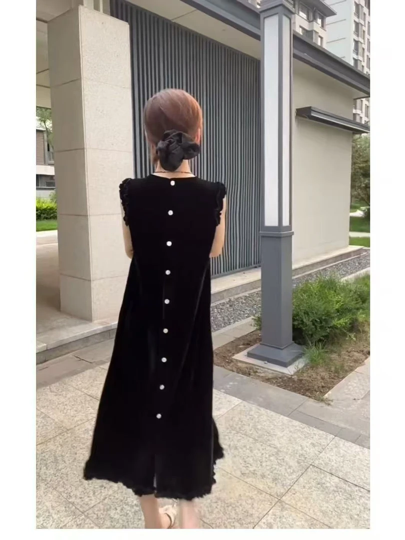 【正版】法式高级感气质木耳花边无袖丝绒裙2025纽扣连衣长裙9195