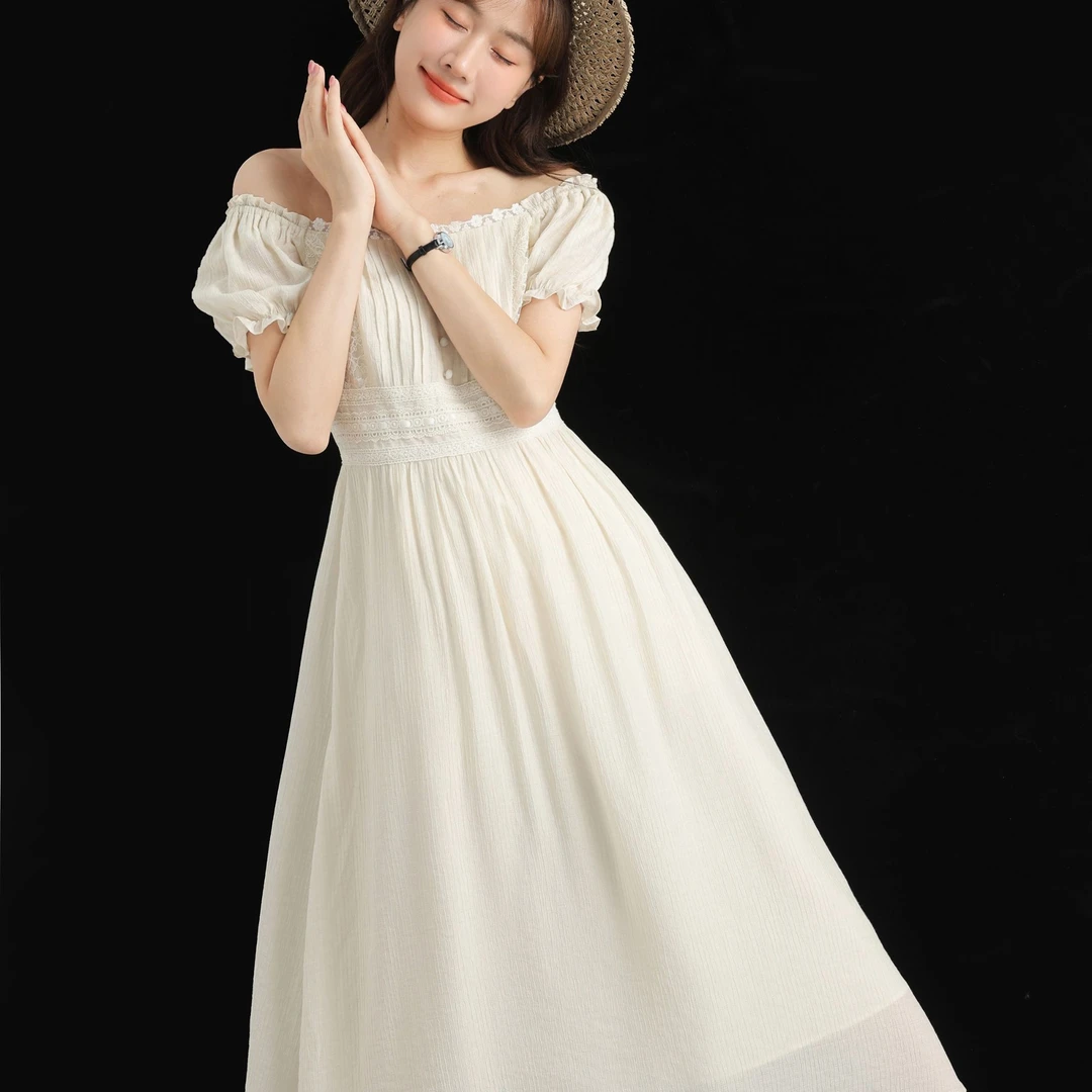 蒲恋方领灯笼袖蕾丝连衣裙女春夏季打揽收腰温柔风垂坠鱼尾吊带裙