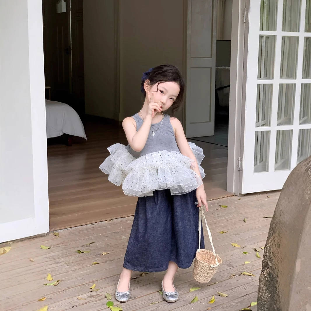 大橙子Studio女童2025夏季新款赫本风波点网纱背心裙儿童洋气套装