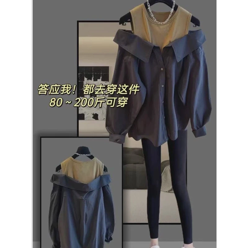 春季新款大码胖露肩时尚潮流女宽松长袖衬衫外穿假两件上衣露肩显