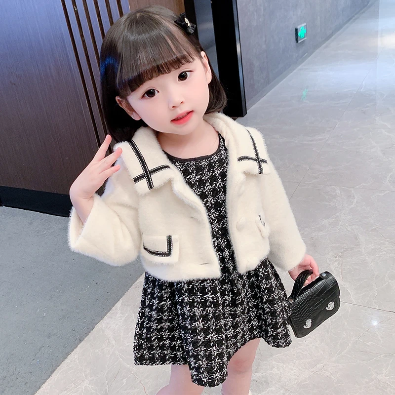 女童小香风套装秋装洋气女宝宝网红连衣裙秋冬款儿童水貂绒两件套