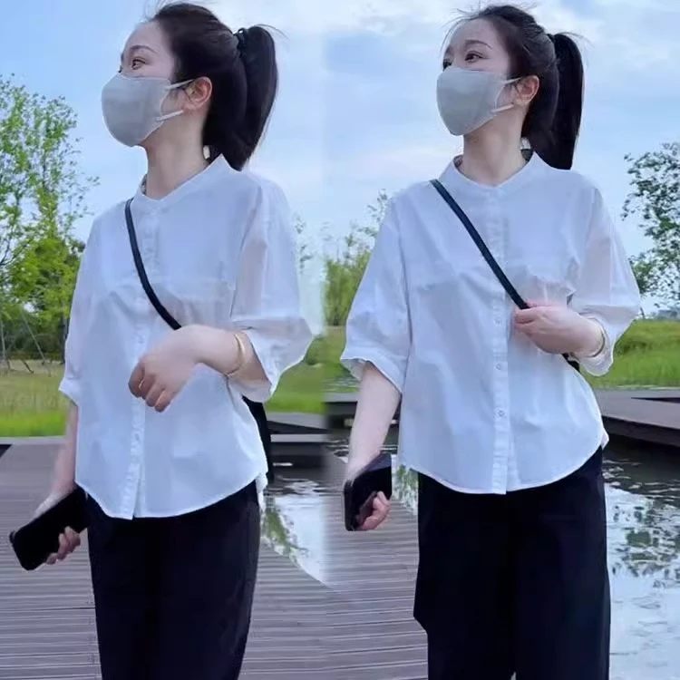 时尚圆领中袖宽松衬衫女2025夏季新款韩版遮肚显瘦简约休闲上衣潮