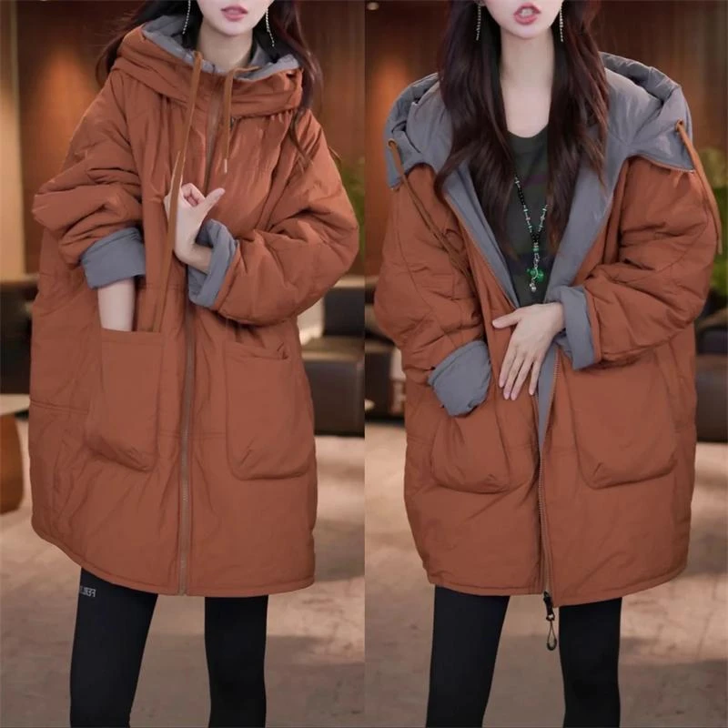时尚加厚保暖双面穿棉衣女2025秋冬新款洋气宽松显瘦连帽棉服外套