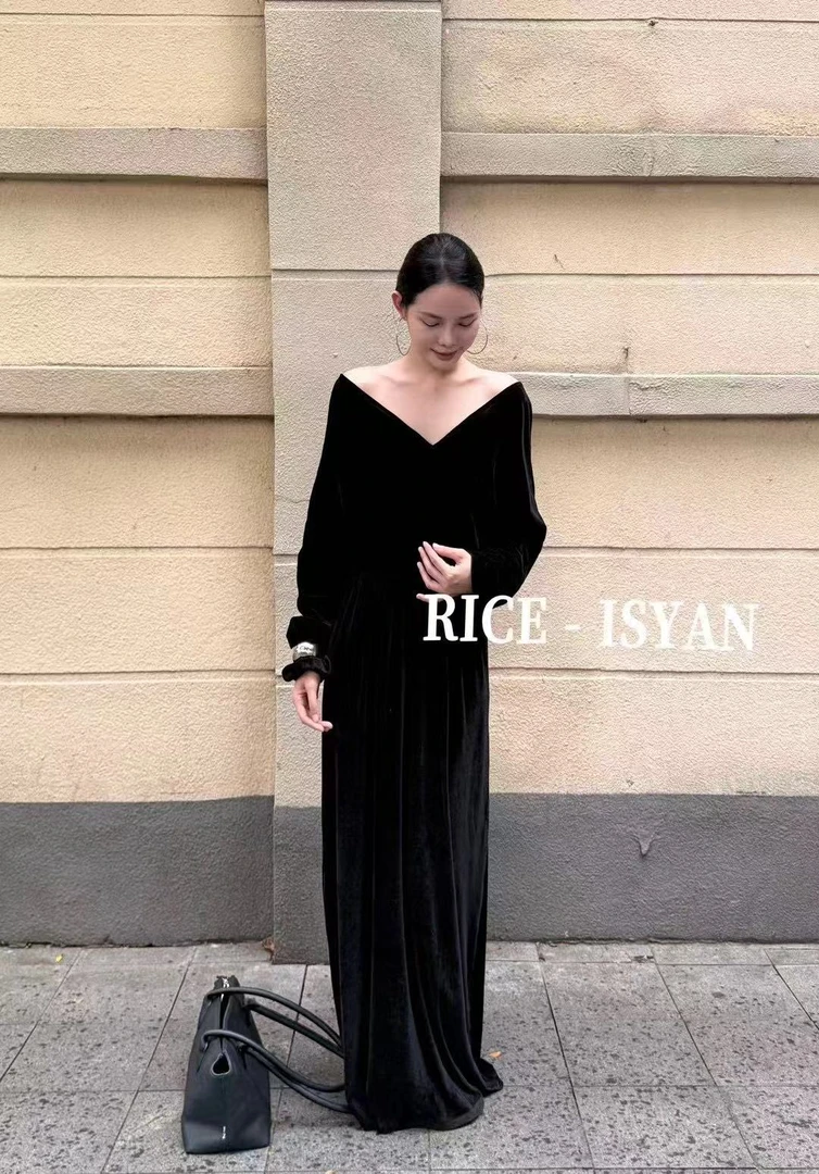 RICE法式优雅V领收腰显瘦丝绒连衣裙 6276（福福）