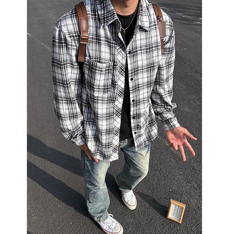 美式复古黑白格子衬衫男春秋季长袖衬衣内搭叠穿cleanfit情侣外套
