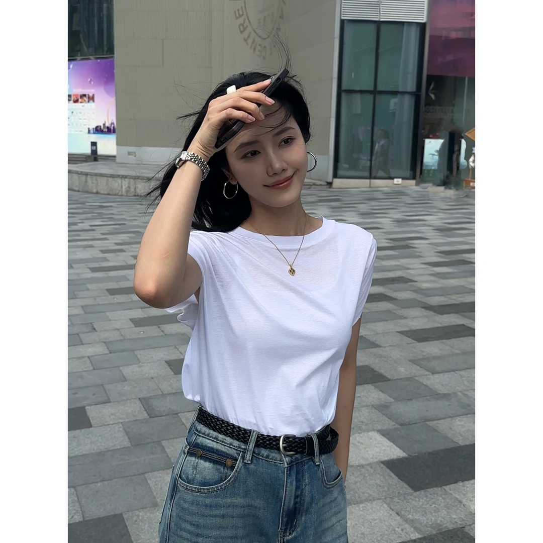 REALNEEI【至白tee】极简天丝麻薄款纯色设计款小飞袖休闲T恤21562