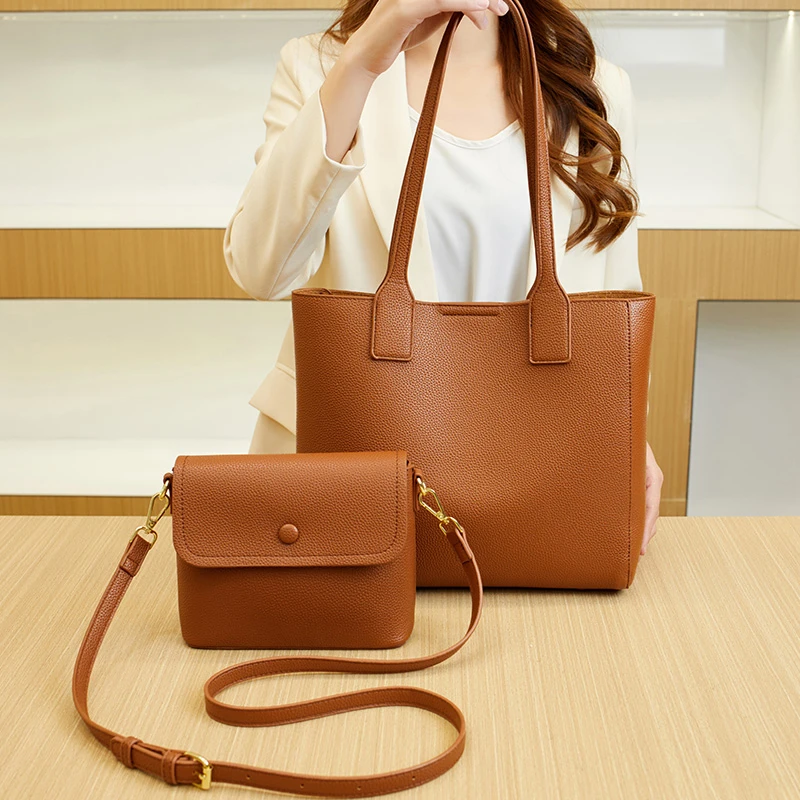 真皮子母包2025新款时尚手提包荔枝纹托特包高级通勤单肩女士包