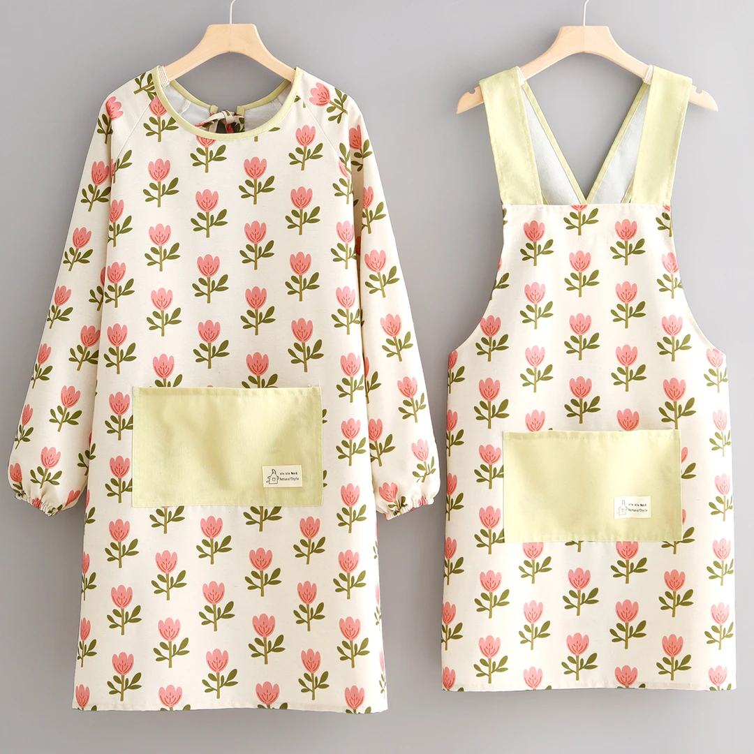 小清新帆布长袖围裙家用厨房做饭围腰透气餐饮花店服务员专用罩衣