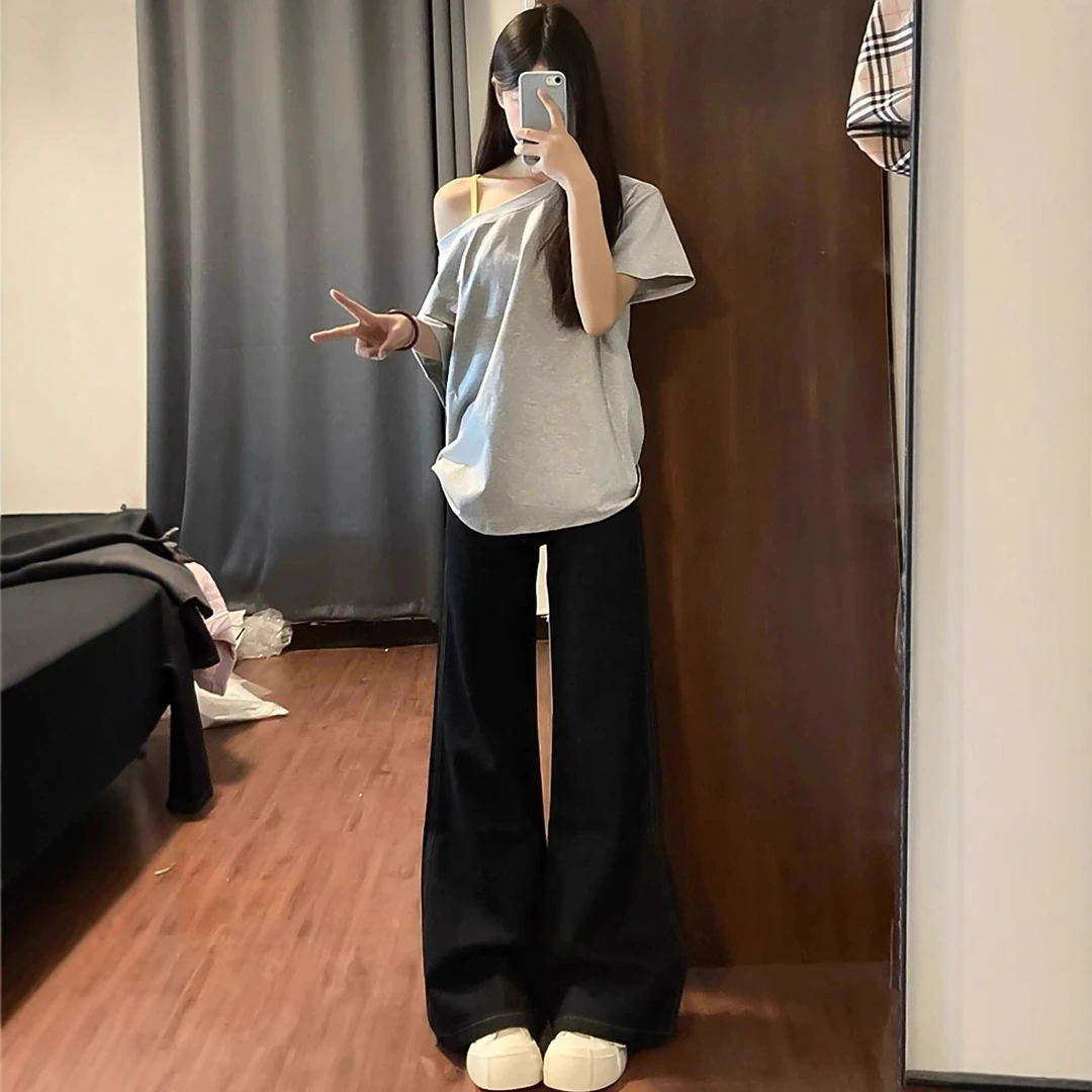 黑色大码微喇牛仔裤女秋季新款梨型身材高腰胖mm百搭显瘦喇叭裤子