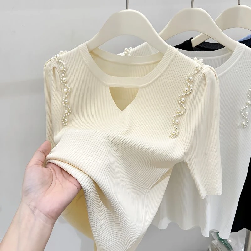 宽松遮肚【80-200斤】镂空冰丝短袖女夏季新款设计感钉珠洋气恤