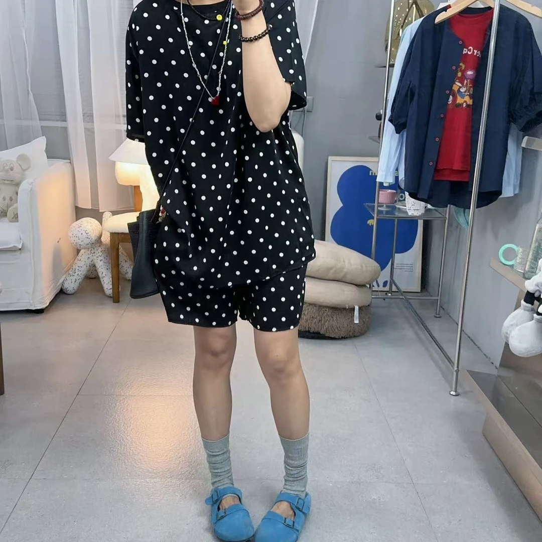 SISTERS【上衣加短裤】黑白波点短袖松紧腰短裤套装