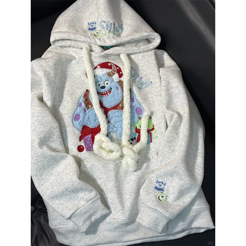 学院风秋冬女款俏皮毛绒玩偶连帽宽松蓝色百搭卡通印花超大码卫衣