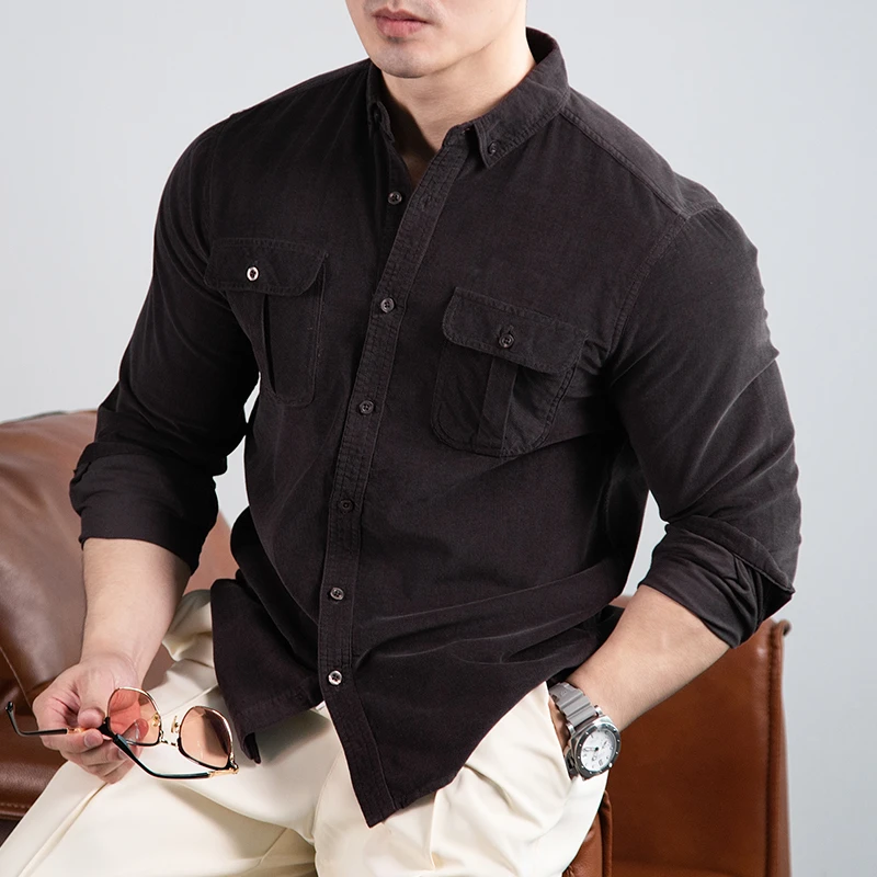 BARBRO长袖衬衫男士双口袋装饰纯棉秋季新款纯色美式复古翻领衬衣