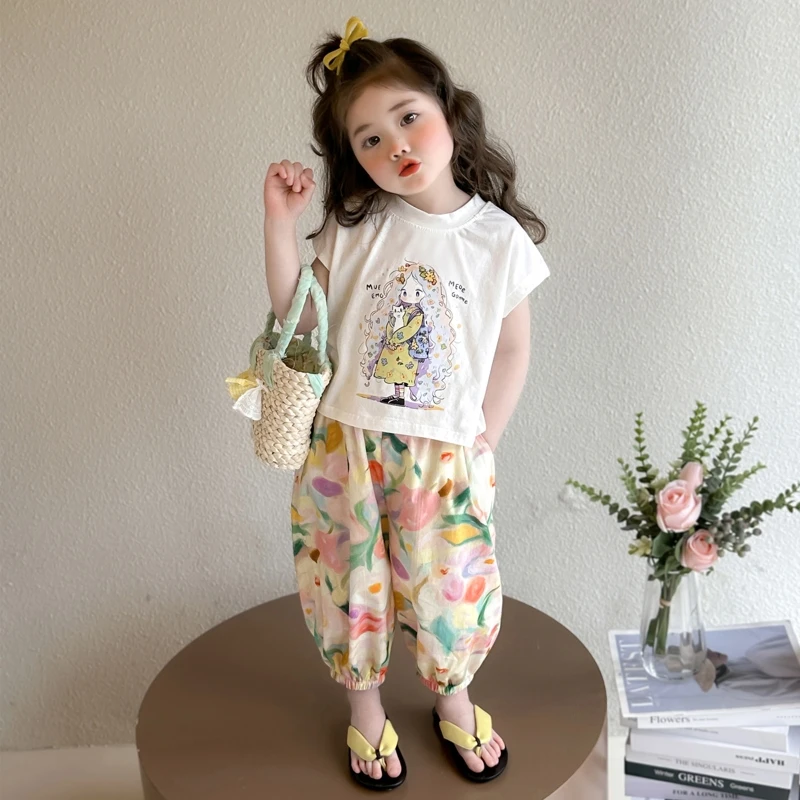 女童短袖套装洋气时髦儿童碎花防蚊裤休闲两件套小女孩时髦夏装潮