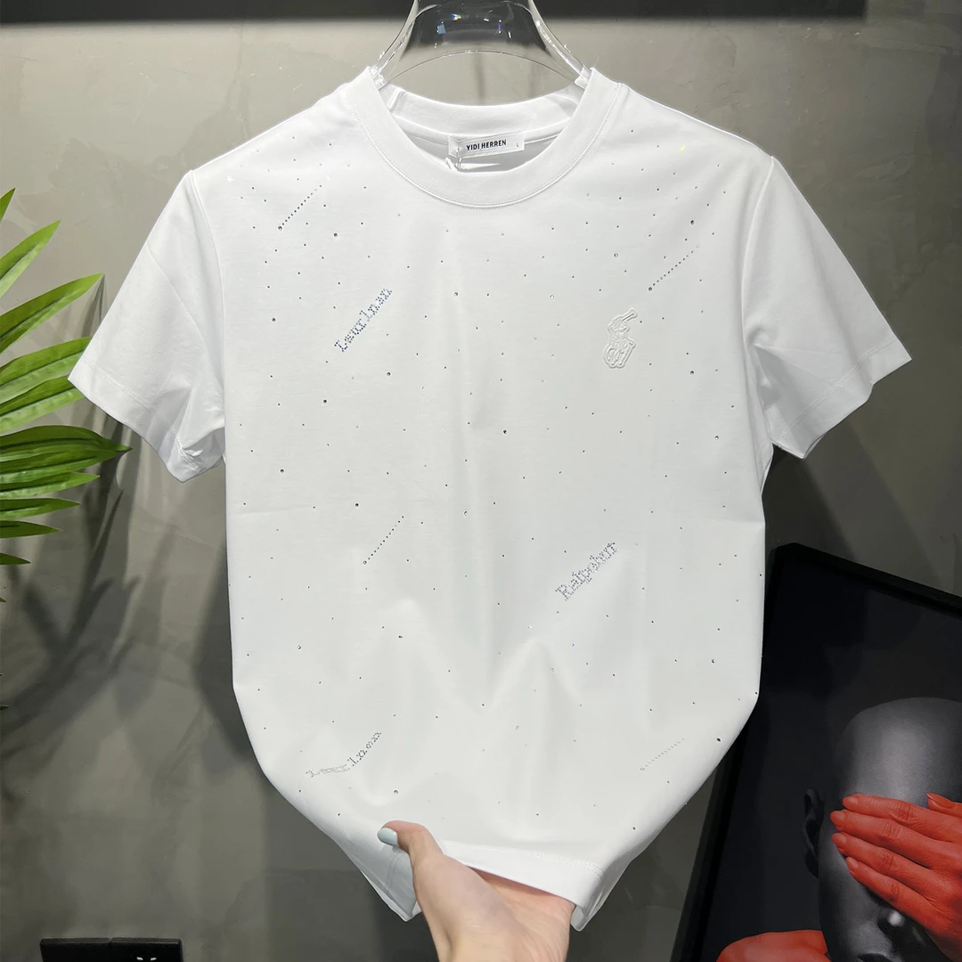 欧洲站男士时尚白色短袖T恤2025新款潮流烫钻半袖上衣男百搭帅气