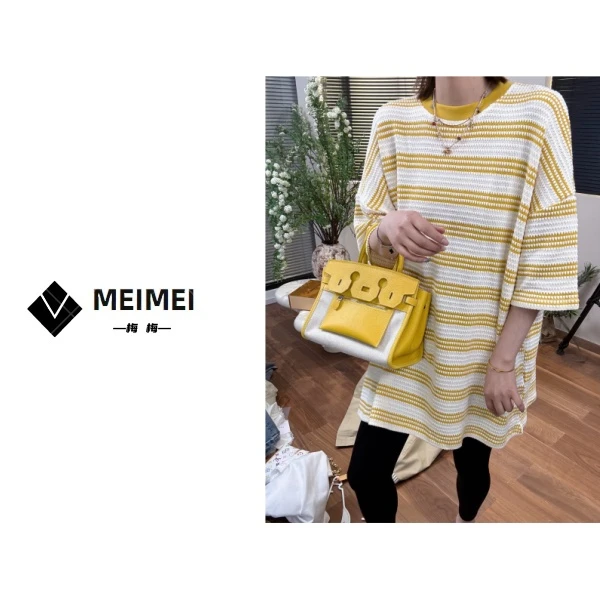 XMM【海螺纹条纹T恤】时尚百搭潮流显瘦条纹大版宽松休闲圆领GT7582