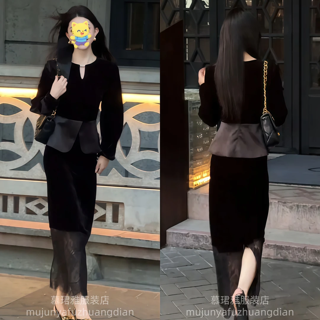 赫本风气质名媛丝绒长袖上衣蕾丝半裙女装2025秋冬新款性感两件套