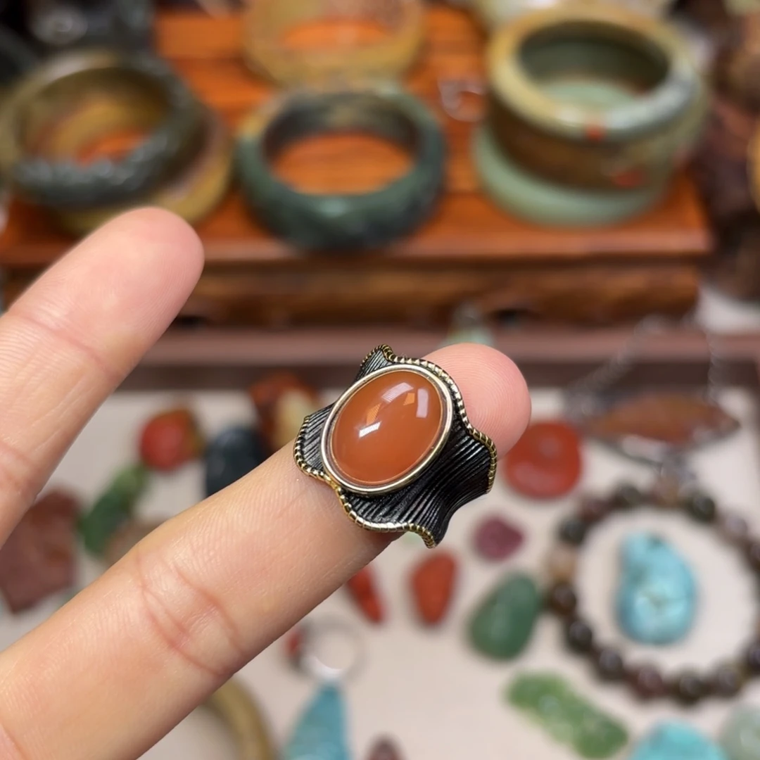 南红玛瑙银S925镶嵌戒指?****?