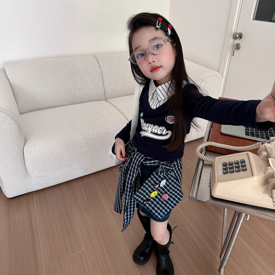 女童辣酷风套装2025新款女孩春秋时髦假两件长袖上衣儿童早秋穿搭