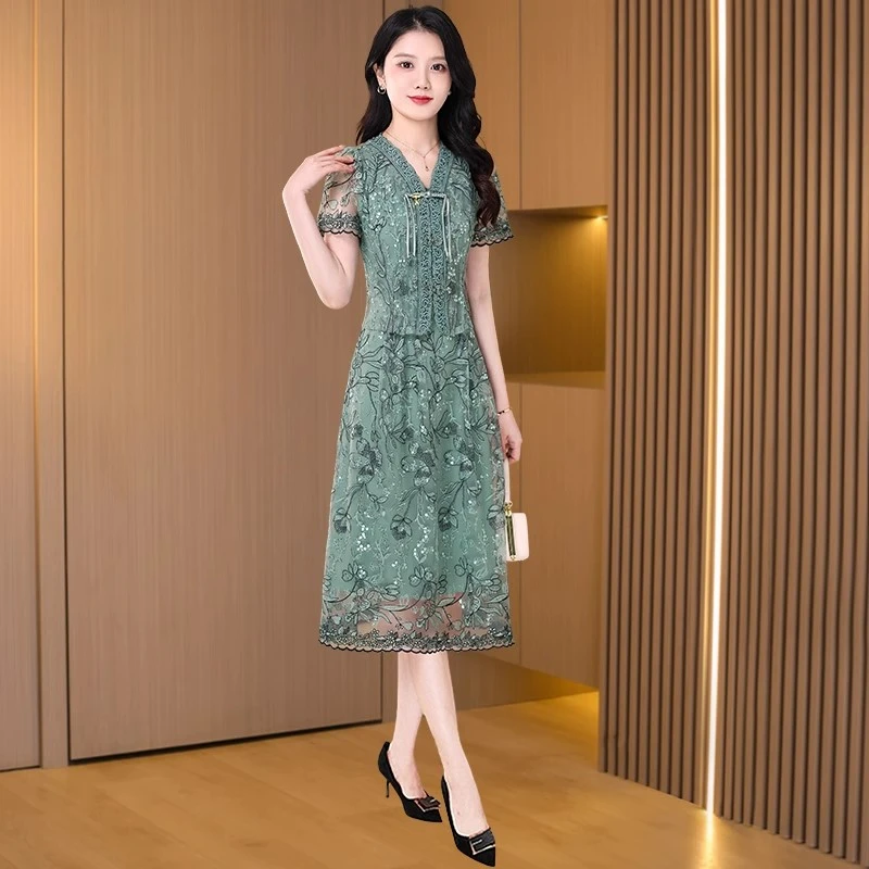 拉夏贝尔国风网纱刺绣两件套装连衣裙春夏新款高端时尚洋气质流行