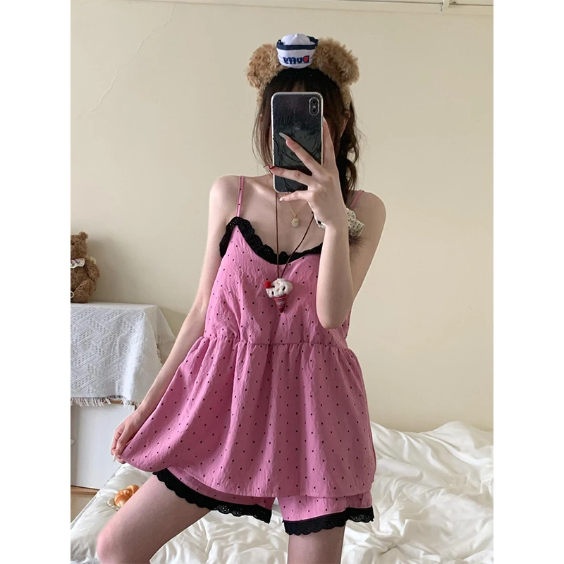 【波点蕾丝花边】韩版甜美睡衣女款夏季吊带短裤家居服两件套可外穿