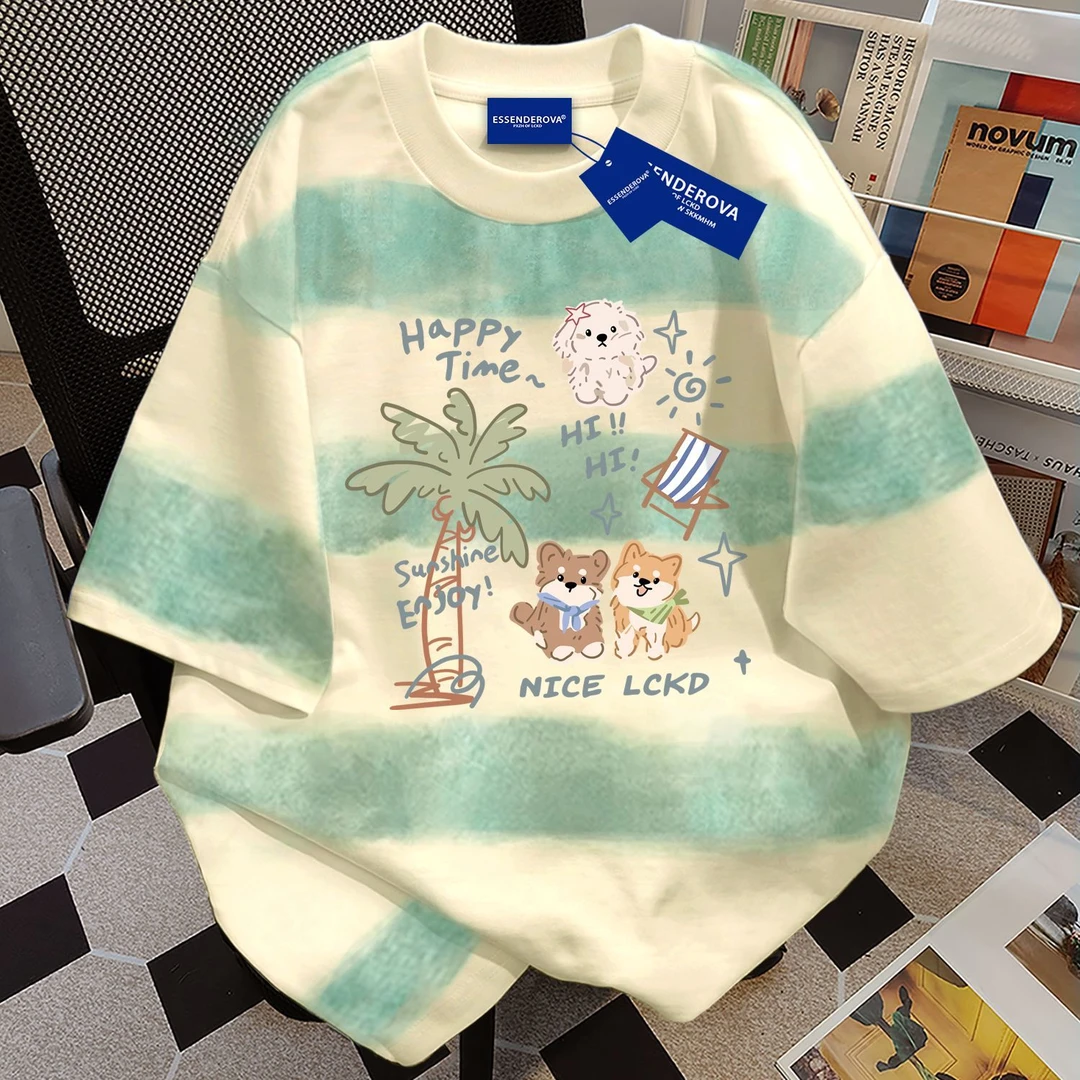 100%纯棉韩版简约风短袖t恤男女夏季爆款可爱涂鸦圆领情侣上衣服