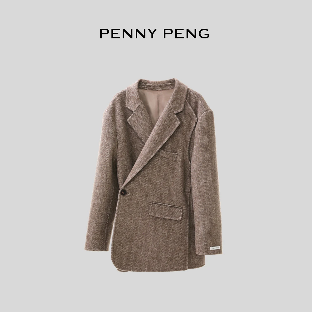 PENNYPENG冬日摩洛哥春季气质时尚复古百搭咖色V领人字纹羊毛外套