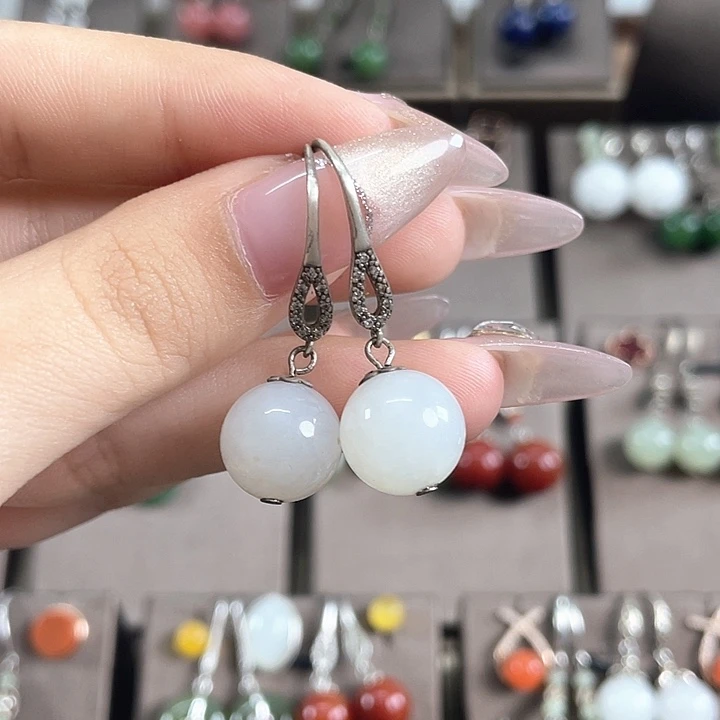 和田玉（白玉）银S925镶嵌耳饰12左右