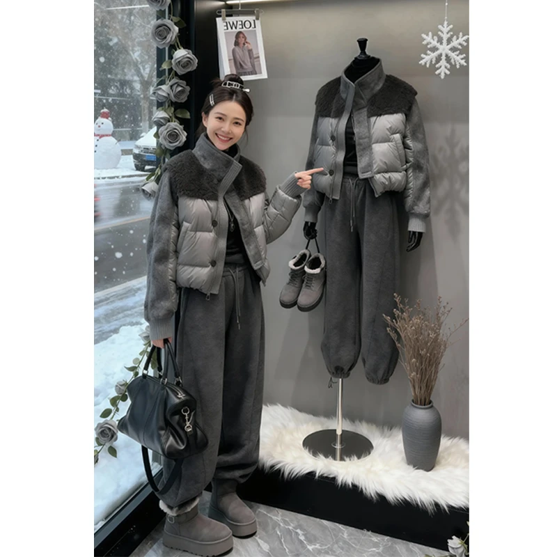 2025冬季新款时尚显瘦保暖套装女士立领棉衣高腰休闲裤时尚两件套