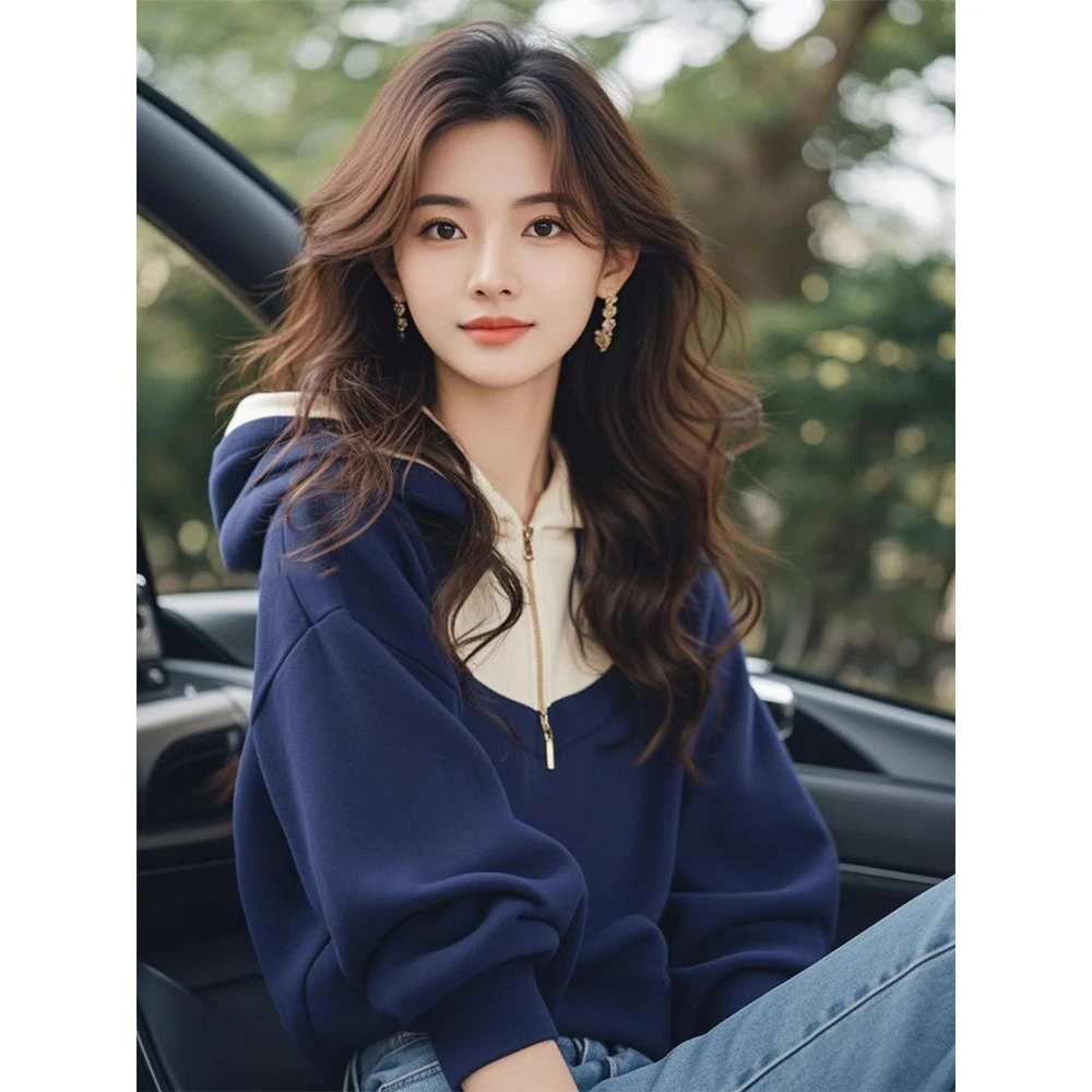 潮牌高级感蓝色半拉链连帽卫衣外套女装秋季新款2024爆款时尚洋气