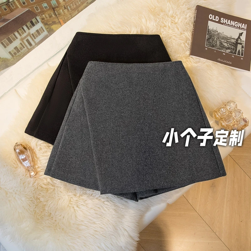150小矮个子不规则毛呢半身裙女秋冬显瘦防走光靴裤高腰a字短裤裙