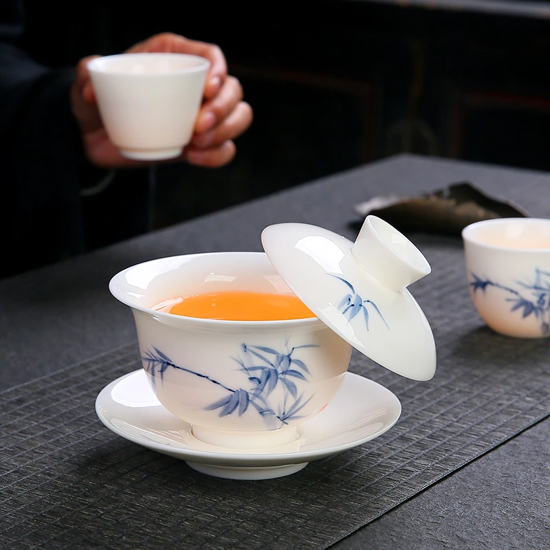 手绘羊脂玉可悬停三才盖碗泡茶白瓷单个悬浮敬茶茶杯陶瓷功夫茶具
