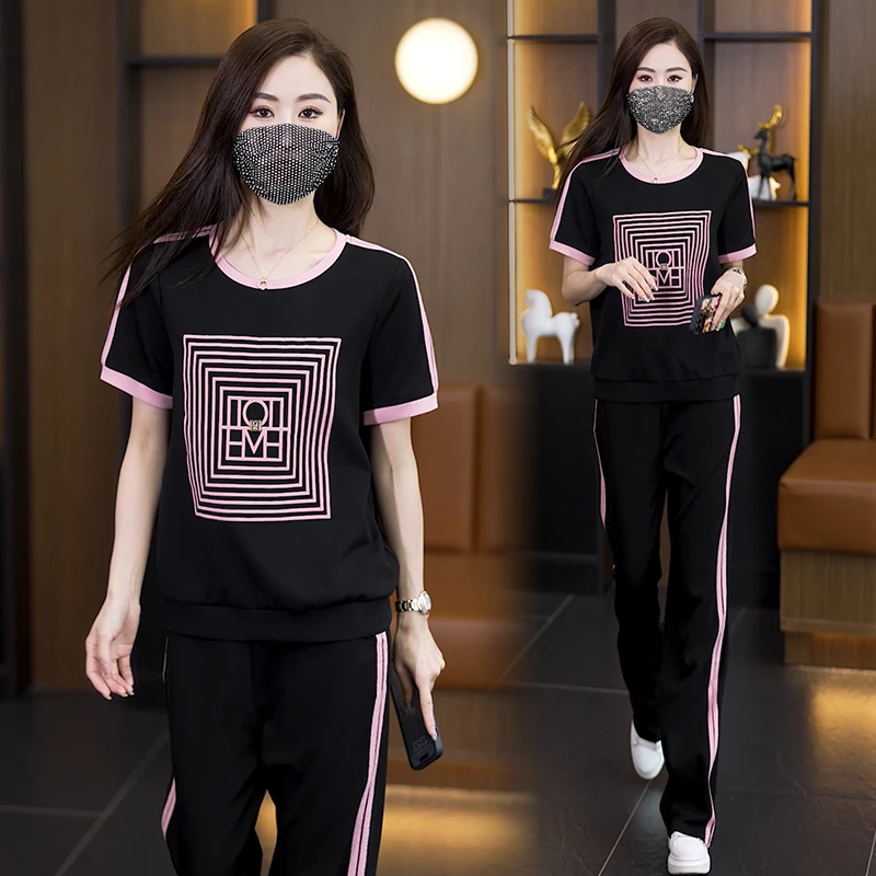 女2025夏季新款时尚减龄几何印花圆领上衣裤子两件套