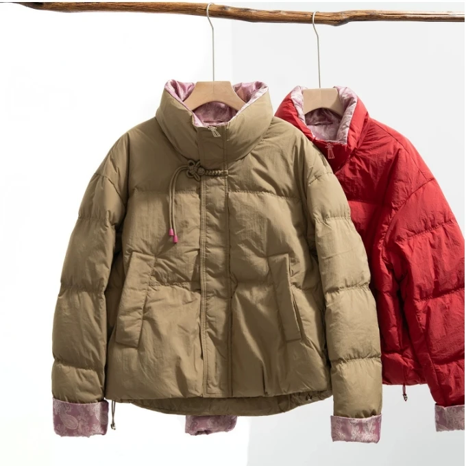 J701新中式秋冬新品立领拼接中国风白鸭宽松外套女