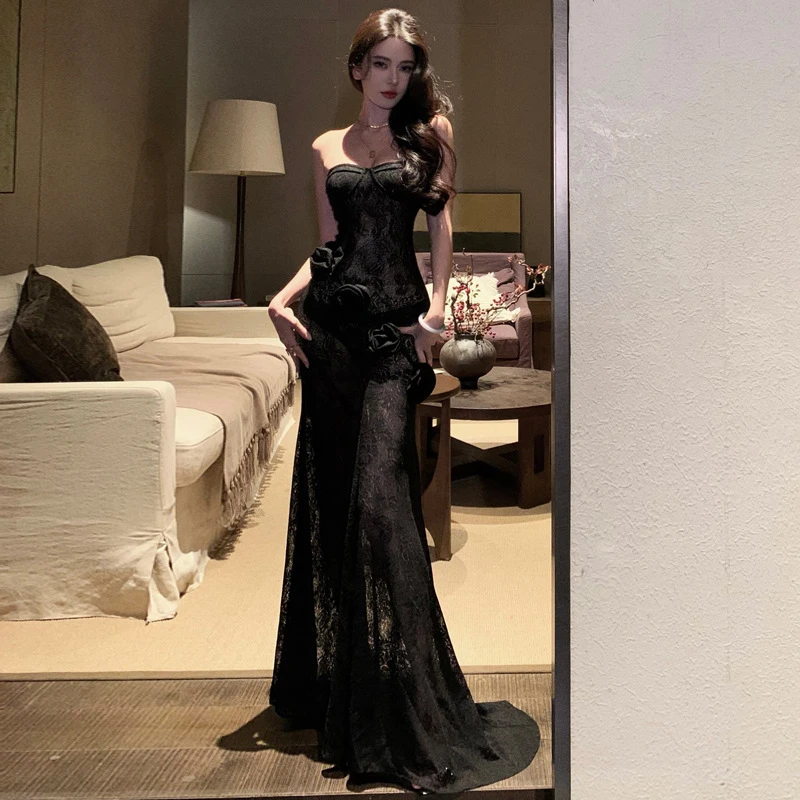 法式绝美氛围感纯欲黑色抹胸连衣裙性感修身礼服鱼尾包臀女装长裙