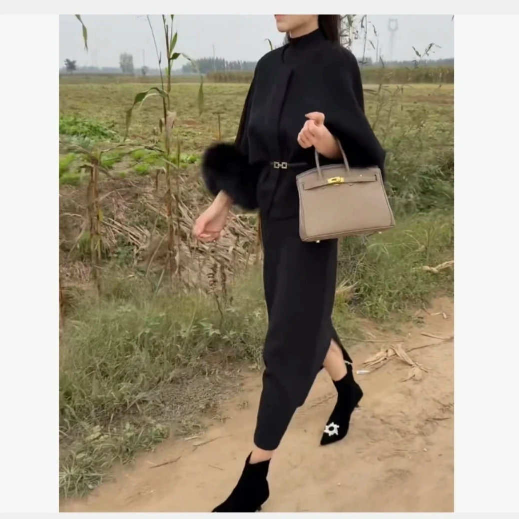 秋季时尚显瘦女士圆领毛边长袖上衣搭配半身裙