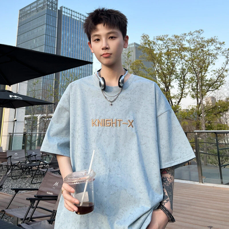 浅蓝字母刺绣脏脏短袖t恤男夏季新款潮牌潮流宽松大码男生上衣服